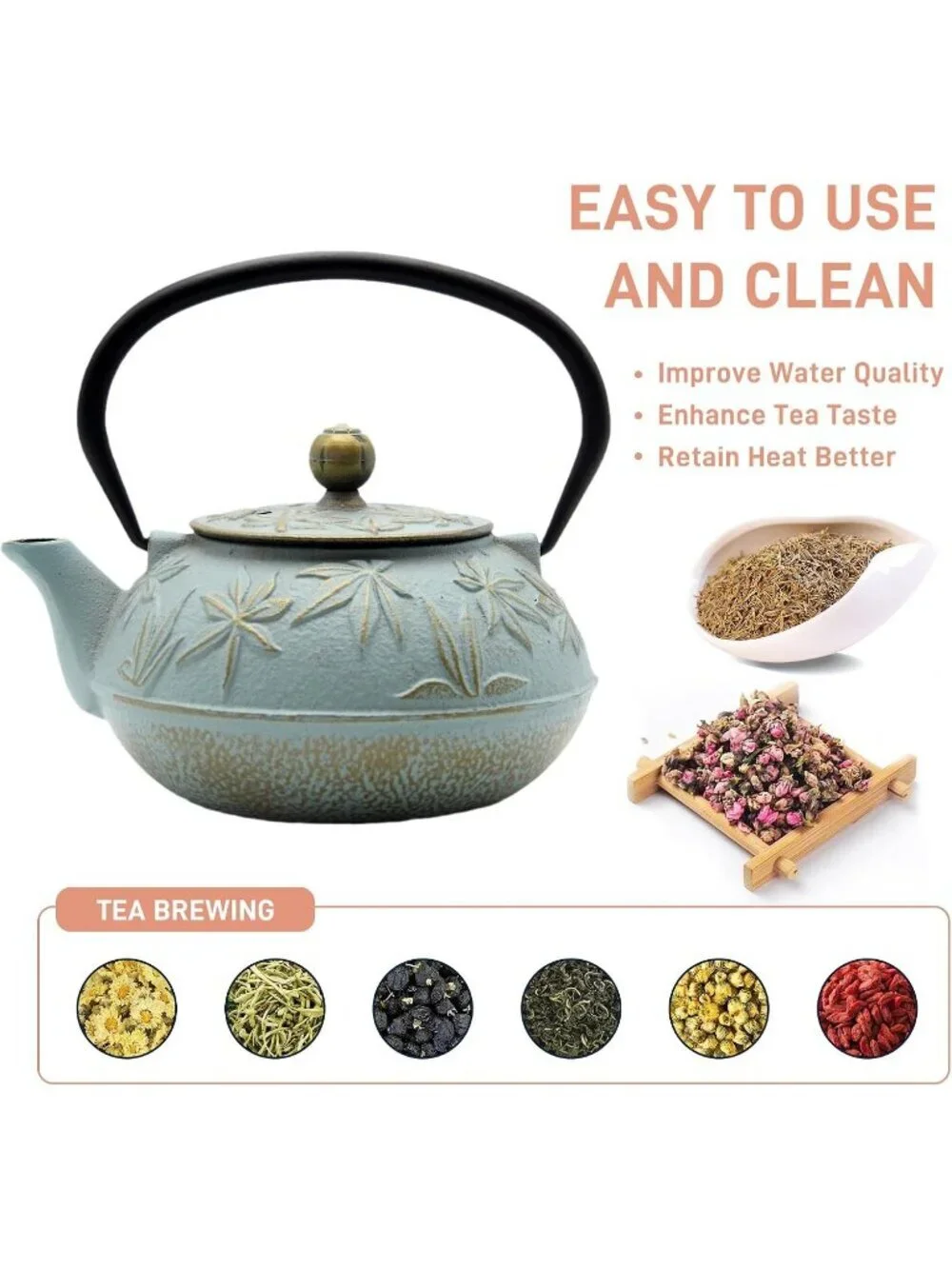 Blue Cast Iron Kitchen Japanese Teapot 30.4oz Stovetop Maple Leaves  Infuser